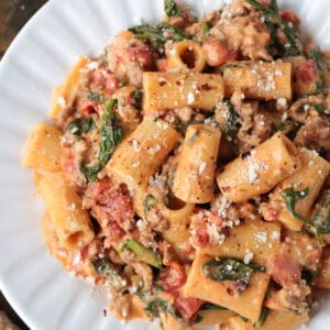 rigatoni with sausage in a pink cream sauce on a white plate