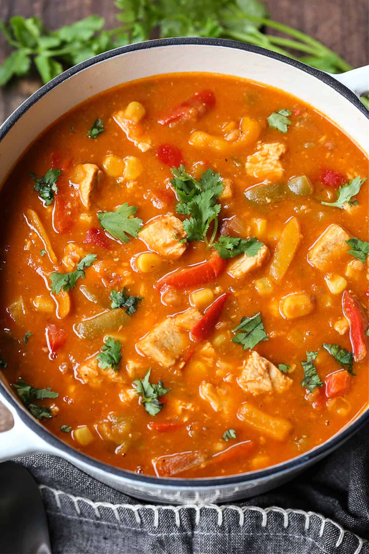 pot of soup with chicken and peppers