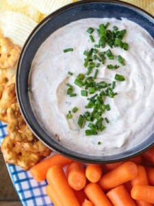 dip in bowl with chives on top