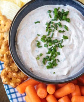 dip in bowl with chives on top