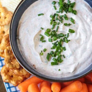 dip in bowl with chives on top